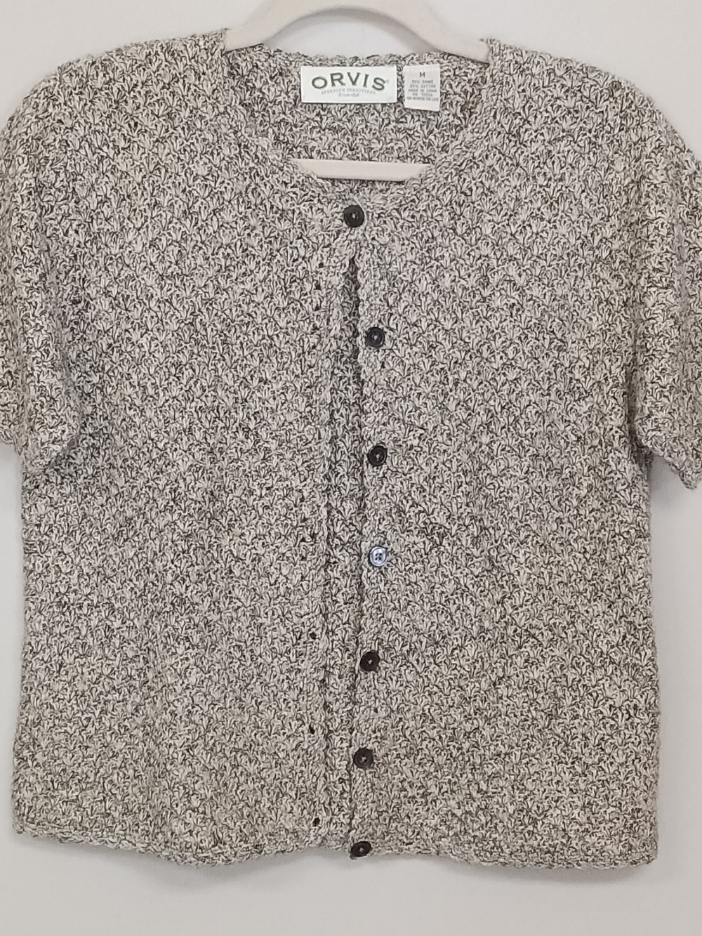 Orvis Marled Ivory Black Short-Sleeve Knit Button Up Cardigan Sweater Women's M